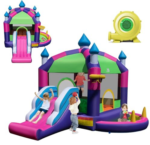COSTWAY 5 en 1 Château Gonflable avec Toit & Toboggan & Souffleur 680W, Aire de Jeux Gonflable avec Piscine & Panier de Basketball, Charge 90kg pour 2 Enfants de 3-10 Ans, 385x332,5x300CM