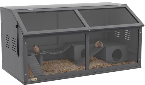 PawHut Hamsterkäfig aus Holz Nagerkäfig Kleintierkäfig mit klappbarem Deckel Hängebrücke Leitern, Käfig Holzkäfig für Hamster Zwerghamster 100x80x60cm Blau
