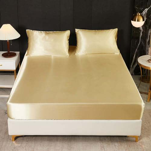Freyamy Spannbettlaken 180x200cm Gold Satin Luxus Spannbetttuch Unifarben Seide Glänzend Spannbetttücher Sommer Uni Seidig Glatt Spannleintuch Bettlaken für bis 25-35cm Matraze Spannbetttücher
