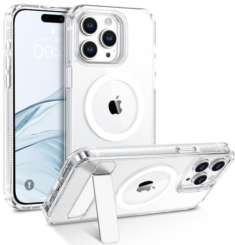 GUAGUA Magnetic for iPhone 15 Pro Max Case Clear 6.7-Inch [Built-in Kickstand] [Fit for MagSafe] [Military-Grade Protection] iPhone 15 Pro Max Phone Case Slim Shockproof Protective Phone Cover, Clear