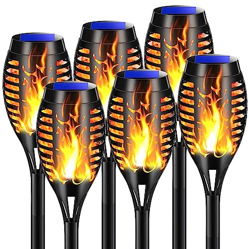 6Pezzi Solari Fiamma Luci: BAKTH 12 LED Lampade Solari da Giardino Torcia Luce con Fiamma Dinamica Realistico - Torce Solari Impermeabili IP65 - Luci Solari Esterno per Giardino, Prato, Vialetto
