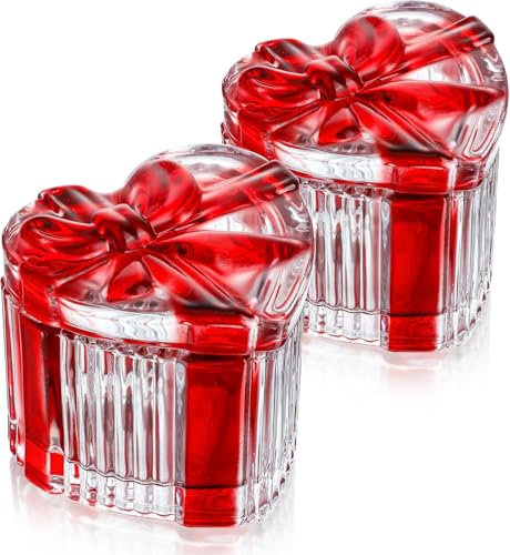H&D HYALINE & DORA Set of 2 Christmas Candy Jar Glass Candy Dish with Lid Heart Shape Candy Containers for Christmas Party,Red