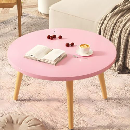 Table basse ronde moderne en pin artisanal - Petite table basse ronde pour chambre à coucher - Table assise en bois massif - Baie vitrée - Table ronde simple - Petite table basse d'appartement - Rose