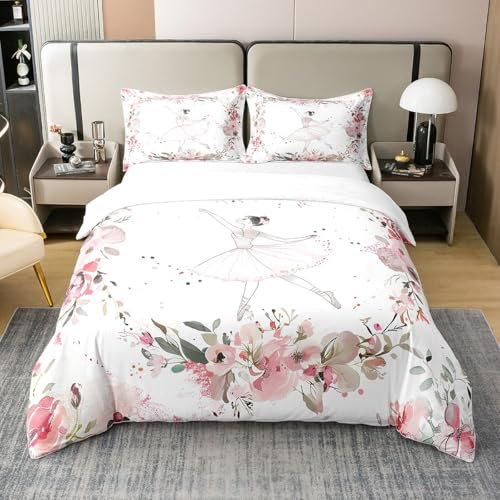Homewish Ballerine Coton Biologique Housse de Couette 200x200,Fleurs Parure de Lit,Romantique Rose Pétale Gymnastique Amoureux Thème Literie Set,Kawaii Cartoon Polka Dot Literie Set,Rose Rouge