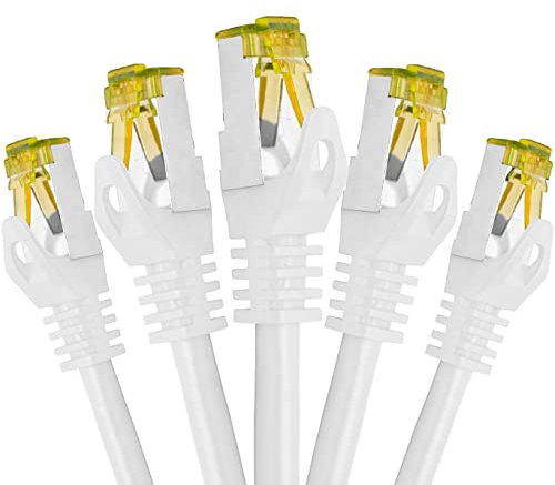 BIGtec LAN Kabel 5 Stück 50m Netzwerkkabel CAT7 Ethernet Internet Patchkabel CAT.7 weiß Gigabit doppelt geschirmt Netzwerke Router Switch 2 x Stecker RJ45 kompatibel zu CAT.5 CAT.6 CAT.6a CAT.8