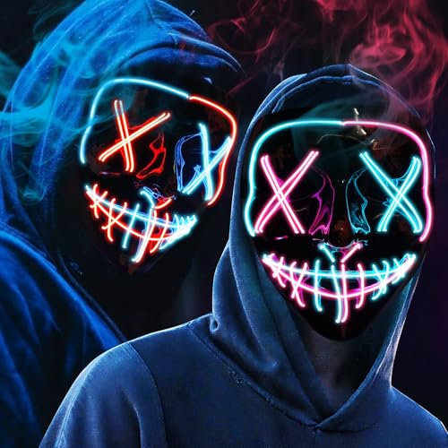 OUILA LED Halloween Maske, 2 Pack Neon Leuchtmaske mit 3 Leuchtmodi für Herren, Damen, Cosplay, Halloween, Karneval, Maskerade Party (Rot & Blau Masken)