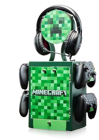 Numskull Official Minecraft Gaming Accessory Locker & Storage Stand – Holds 10 Games/DVDs, 4 Controllers, Headset, and Accessories – Durable & Compact Organizer – Official Minecraft Merchandise