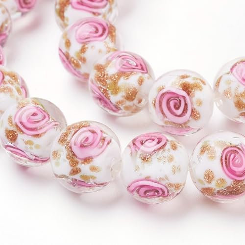 Airssory 30 Pcs Handmade Lampwork Glass Beads Strands Round Rose Flower Beads with Gold Sand Glass Beads White Glass Beasds for Bracelet Earring DIY Crafts Jewellery Making