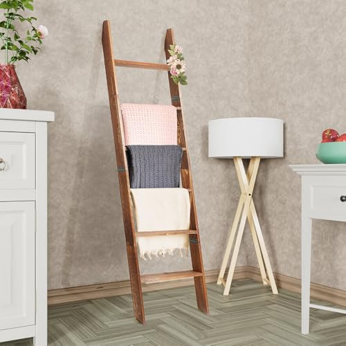 TotsNJoy Decorative Wooden Blanket Ladder for Living Room, Pine Wood Quilt Ladder, 6-Tier Wall Leaning Blanket Rack Stand, Towel Ladder for Home Décor N Display. Easy Assembly with Instruction Manual.