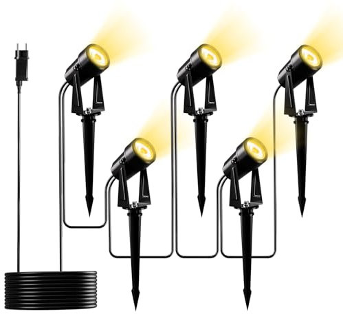 Yuusei Gartenbeleuchtung mit Strom, 5 in 1 Pack 17M Gartenlampen für Draußen, 3000K Warmweiß 27V LED Gartenleuchten mit Strom, IP65 Wasserdicht Gartenstrahler für Outdoor, Garten, Pflanzen, Hof