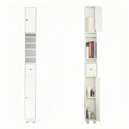 Xisilla Schmaler Badezimmerschrank mit Schubladen und verstellbaren Regalen,badschrank schmal hochschrank Weiß, Schlichter Schrank, geeignet für Wohnzimmer, Arbeitszimmer und Badezimmer