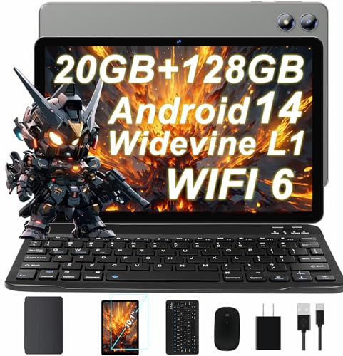 Android Tablet with Keyboard, 2025 Octa-Core 10 Inch Android 14 Tablet w/ 20GB RAM 128GB ROM 1TB Expand, WiFi 6, 6000mAh Battery, 1280x800 IPS Display, Widevine L1, Split Screen Mouse, Case -Grey