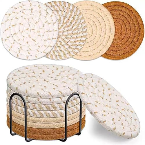 Lot de 8 dessous de verre avec support pour boissons absorbantes et modernes - Décoration de salle à manger - Pour pendaison de crémaillère - Tapis de tasse tissé pour boissons chaudes et froides