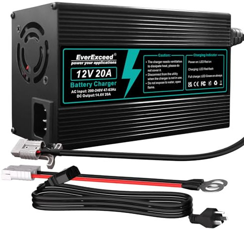 EverExceed Chargeur Lifepo4 12V 20A 14,6V Chargeur Lithium Lifepo4 AC-DC, Chargeur de Batterie Lifepo4 14,6V 20A pour Batterie Lifepo4 au Lithium à Cycle Profond de Voiture, Marine, VR