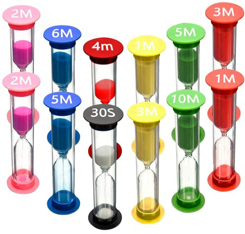 Lot de 12 sabliers colorés 30 secs/1 min, 2 min, 3 min, 4 min, 5 min, 6 min, 10 min, sablier pour le brossage des dents des enfants, l'école, la crèche, le bureau, le sable