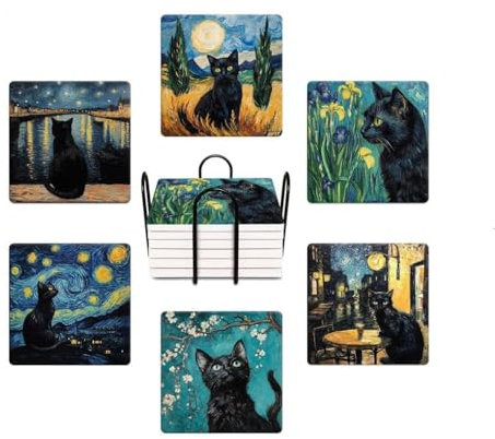 WWOOPLL Drink Coasters Set of 6, Van Gogh Art and Black Cat Absorbent Square Ceramic Stone Mat Coaster, with Cork Base and Metal Holder, Anti-Slip Cork Bottom for Mugs and Glasses