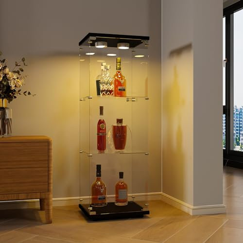 MCDSAJ Glasvitrine mit 3 Schichten, LED-Vitrine, Sammelvitrine für den Boden, moderne Vitrine für Wohnzimmer Schlafzimmer Laden, Schwarz, Einzeltür