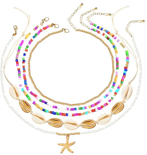 CHONGQILAO Set di Collana Conchiglie Donna, Regolabile Collana con Conchiglie, Spiaggia Collana Bohemien Donna, Collana Stelle Marine, Collane per Estate, Ciondolo Collane Multistrato