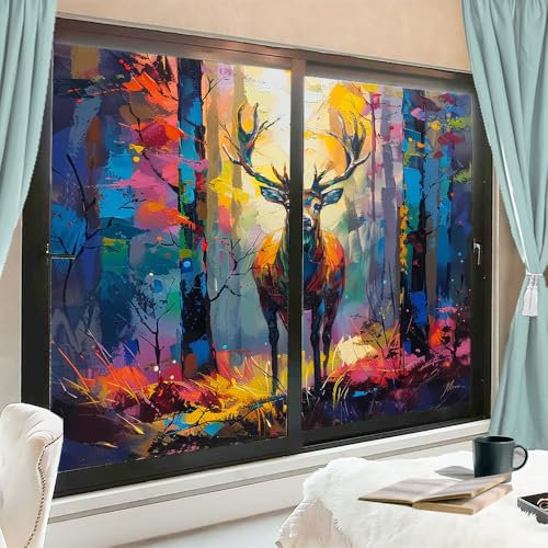 Rustikale Hirsch-Fenster-Sichtschutzfolie, bunte Waldlandschaft, Retro-Tier, mattiert, Fensterfolie, statisch haftend, Fensterglasabdeckung für Zuhause, Büro, 90 x 140 cm x 2 Stück