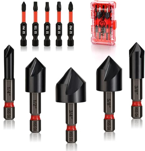ANGELSWORD Countersink Drill Bit Set for Metal, M35 Cobalt TiAlN Coat, 5pc