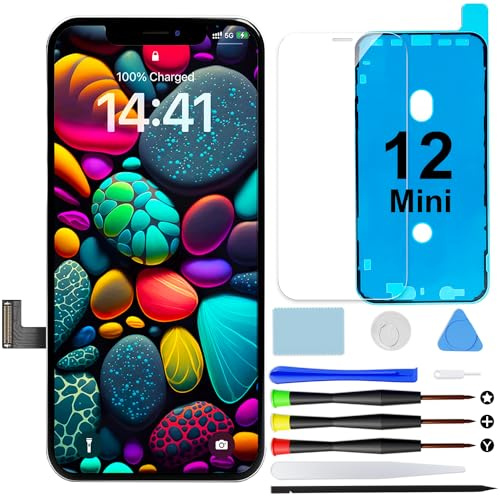 Display für iPhone 12 mini 5,4 LCD Bildschirm Ersatz mit Touch Digitizer | Reparaturset mit Werkzeugen, Dichtung und gehärtetem Glas, Retina LCD mit True Tone & Face ID Unterstützung