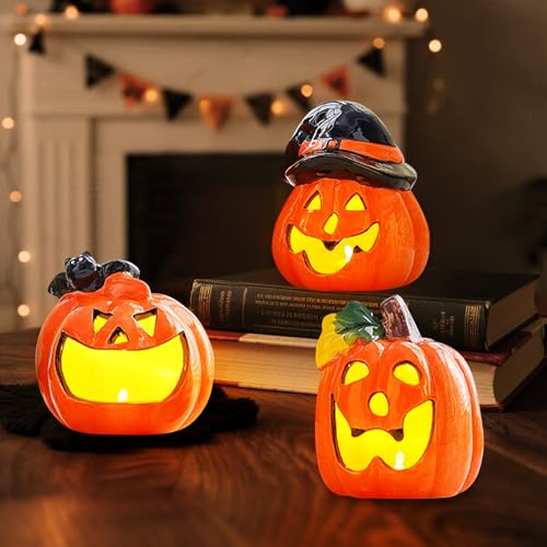 Halloween Deko Kürbis, LED Kürbis Deko Aus Hochwertiger Keramik, kürbis Keramik Beleuchtet Mit Warme LED-Licht, Als Innen Herbstdeko Oder Garten Deko Windlicht, Perfektes (Set)