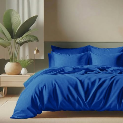 Ensemble Parure De Lit 4 piéces unie 100 % coton 57 fils /cm2 - 1 housse de couette 220 x 240 cm+ 1 drap housse 140 x 190 cm bonnet 30 cm + 2taies d'oreiller 65x 65 cm PREMIUM QUALITE (BLEU MARINE)