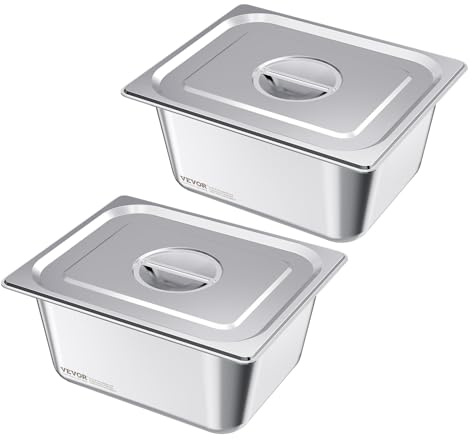 VEVOR 2 Pack Stainless Steam Hotel Pans, 1/2 Size Table Steam Pans With Lids, 6 Inch Deep, Anti Jam Restaurant Supplies Reusable Catering Storage for Home, Party, Restaurant, Hotel, Buffet