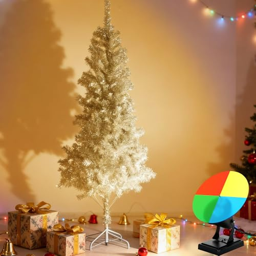 Shappy Set of 2 6 ft Christmas Tree with Color Wheel, Silver Tinsel Christmas Tree with 600 Branch Tips & Metal Stand, Color Wheel with 4-Color Rotating LED, Vintage Xmas Decor for Home, Retro Party