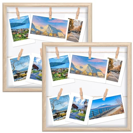 2 Holz Fotocollage Rahmen DIY Bilderrahmen mit Klammern und Leine Wand | Hängen Bilderrahmen Collage Fotoboard zum Aufhängen für Fotos, Postkarten, Konzertkarten, DIY Foto-Gestaltung