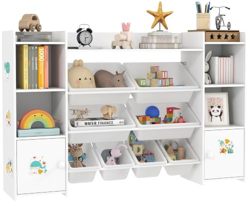 AIYAPLAY Kids Bookshelf and Toy Storage Organiser Unit with Bins White | 8 Removable Storage Bins, Toy Organisers with Bookshelf, Playroom, Nursery