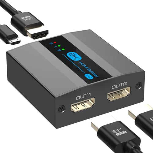 HDMI-Splitter 1 in 2 Out 4K 120Hz, 8K HDMI-Splitter für Dual-Monitore, unterstützt EDID Management HDCP 2.3 HDR 10 für Laptops, PCs, TV-Boxen, DVD-Player, PS5/PS4/PS3