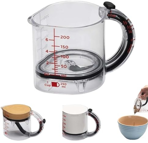 4-in-1 Adjustable Measuring Cup, 250ml Jug with Ml Markings, Scraper Base for Liquids & Dry Ingredients Space-Saving Design for Baking & Cooking