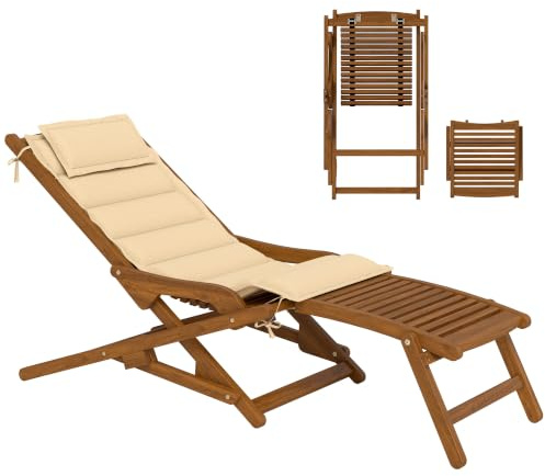 Outsunny Chaise Longue Pliante en Bois d'acacia, Chaise de Jardin d'extérieur avec Repose-Pieds Amovible et Coussin avec Appui-tête, Charge maximale 160 kg, pour terrasse, Cour, Plage, 158 x 61 x 70