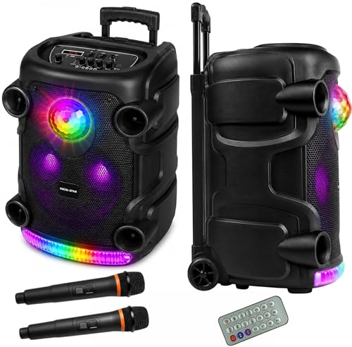 Portable PA Speaker System with Bluetooth, USB - MP3, 2 Wireless Microphones 12 Woofer, Loud 300w Power, Bass & Treble Controls + Disco Lighting