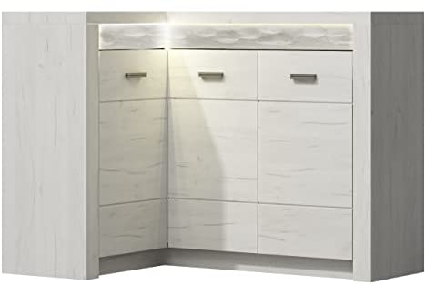 Mirjan24 Eckkommode Indiano I-15O, Kommode, Mehrzweckschrank Anrichte Diele Flur Esszimmer (Kraft Weiss, ohne Beleuchtung)