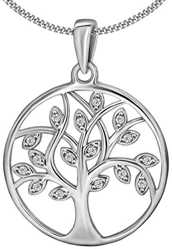 CLEVER SCHMUCK Lebensbaum Halskette Damen Anhänger Baum des Lebens Ø 20 mm Zirkonia Kette Panzer 45 cm 925 Sterling Silber im Schmucketui