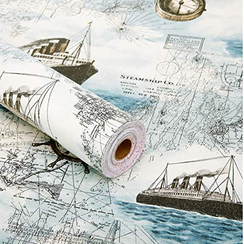 Vintage Newspaper Contact Paper Sea Pattern Self adhesive Shelf Liner Peel and Stick Wallpaper for Bathroom Living Room Kids Room 17.7 x 196 Inches