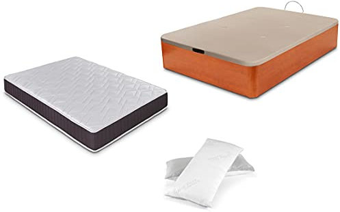 DORMIDAN - Pack de canapé abatible de Gran Capacidad + colchón viscoelástico + Almohada visco Copos de Regalo (135_x_190_cm, Cerezo)