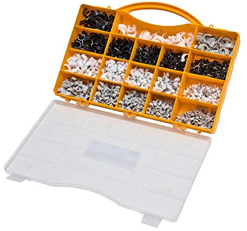 Kabelschellen Set für Rundkabel 1020tlg weiß schwarz grau Nagelschellen Kabelhalter Kabelbefestigung Haftclip mit Nagel diverse Größen im Sortimentskoffer nicht selbstklebend