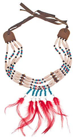 Indianer Halskette Tiki - mit Holzperlen und Federn - Beige Rot - Tolles Accessoire zu Wild West Kostümen an Karneval, Mottoparty oder Geburtstagsfeier