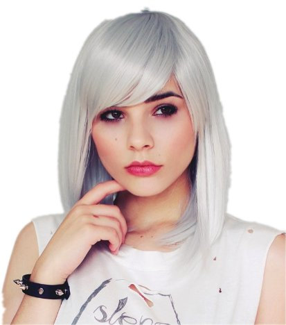 Prettyland Damen Silber-grau Mittellange Glatte Natürlich Matte wie Echthaar Schulterlange Perücke manga anime silver Wig C990
