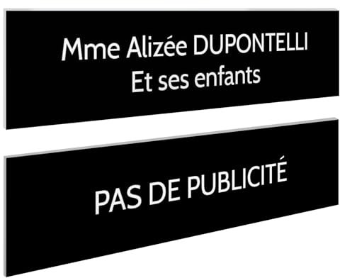 DECOHO - Plaque Boite aux Lettres Personnalisable - Lot de 2 plaques adhésives PMMA - Noir Lettres Blanches - 100 x 25 mm, Gravure Laser, Noir