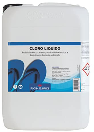 PISCINA SEMPLICE, Cloro Liquido Concentrato Per Piscine, Ideale Per Trattamenti Intensi e Mantenimento Dell'Acqua, Non Contiene Stabilizzante, Libera Cloro Attivo Contro Le Alghe, Formato da 12 Kg