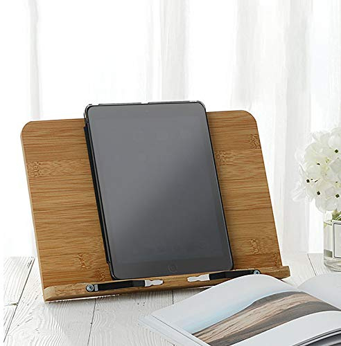 tooloflife Buchständer, Rezeptbuchständer, Buchhalter aus Bambus zum Lesen, Ausstellen, Küche mit 2 Metall-Seitenhaltern für Kochbücher, Rezepte, iPad, Tablets (33,5 x 24 cm)