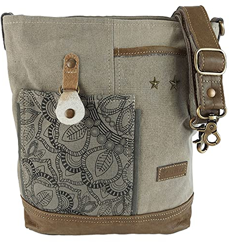 Sunsa Damen Tasche. Umhängetasche aus Canvas & Leder. Nachhaltige Produkte. Große Vintage Stil Schultertasche. Segeltuch bag mit Mandala Design. Crossover Handtasche Khakigrün