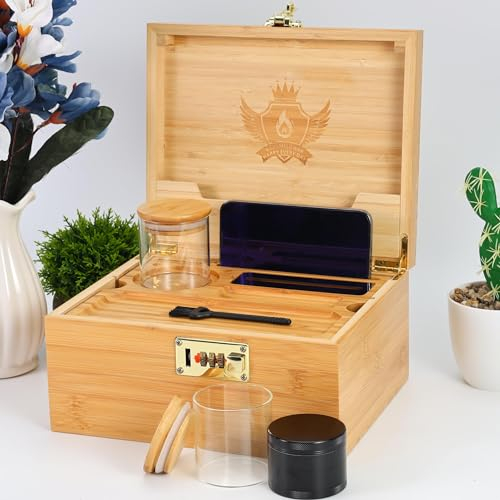 Large Stash Box with Rolling Tray and 5 Accessories,Divider management space,Luxury Gift Set,Wooden Storage Set with Lock for Storage Items