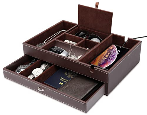 BY for Kitchen & Home Schmuck Organizer für Männer, 2-Lagen Nachttisch Organizer für Männer und Frauen, Leder Schmuck Aufbewahrungsbox, Herren Key Organizer für Schmuck Schlüssel Geldbörse und Telefon