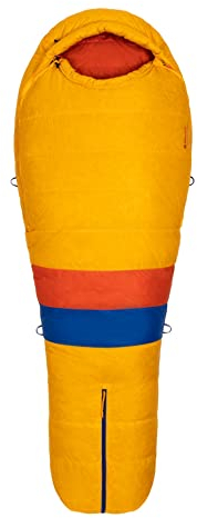 Marmot Never Summer, Mumienschlafsack für Erwachsene, Entendaunen mit 650er Bauschkraft, sehr leicht und warm, 183 cm, geeignet bis -36 °C, Solar/Red Sun, 183 cm