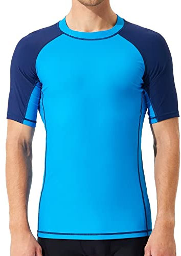 SURFEASY Men's Rash Vest Swim Shirts, Sun Protection Short Sleeve Quick Drying Rash Guard Base Layer Snorkeling Swimming Surfing Tops (Royal Blue/Navy,L)